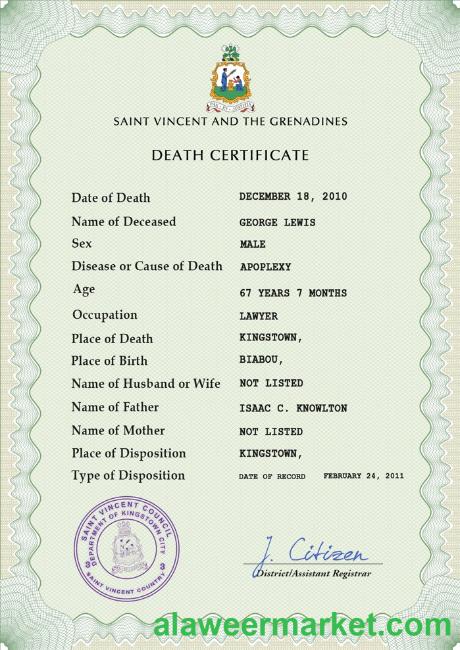 Saint Vincent and the Grenadines death certificate PSD template